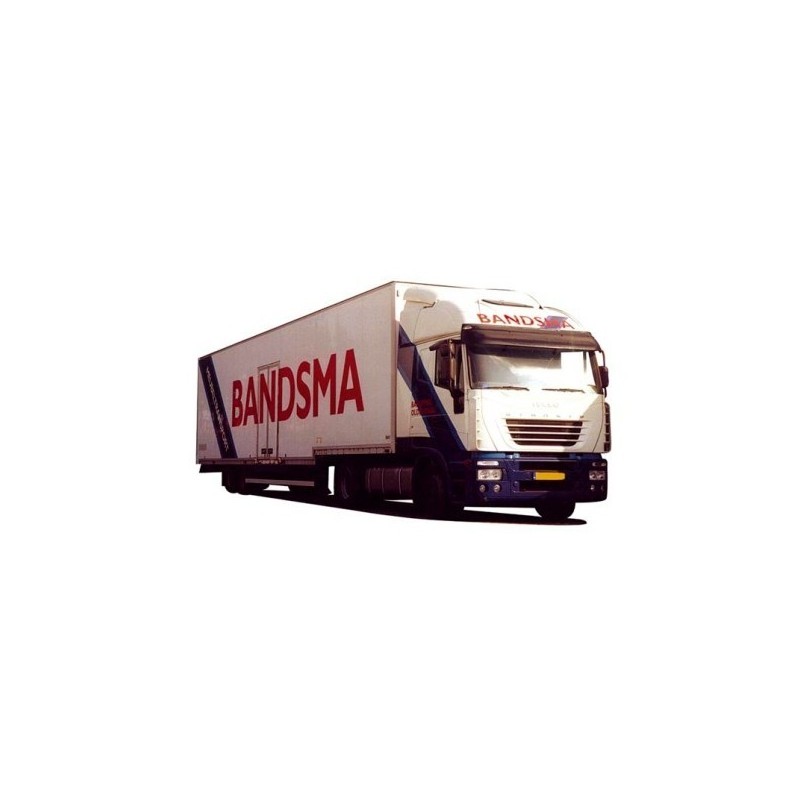 Model redukcyjny Iveco Stralis, skala H0, AWM. biały ciągnik siodłowy z naczepą, logo Bandsma.