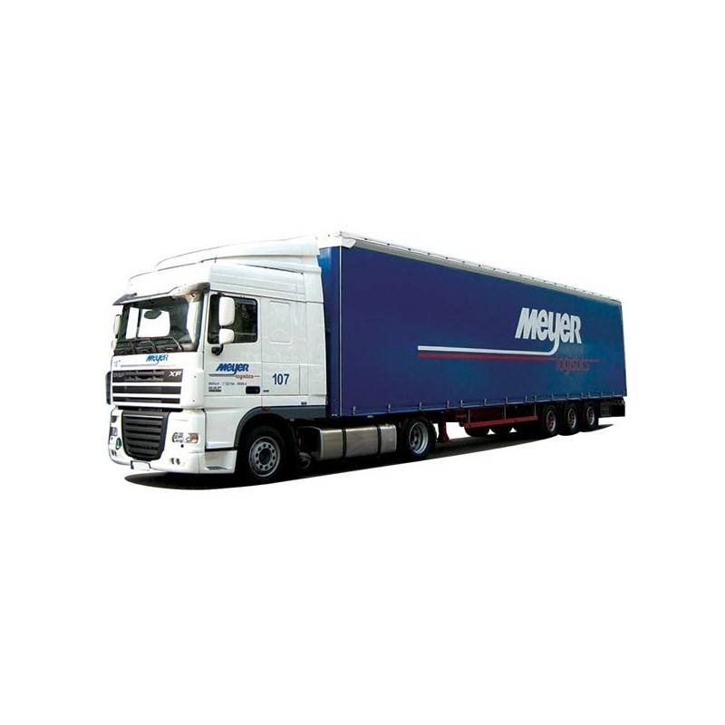 Model DAF XF 105, skala 1:87, AWM. Biały ciągnik z naczepą, logo Meyer Logistics.