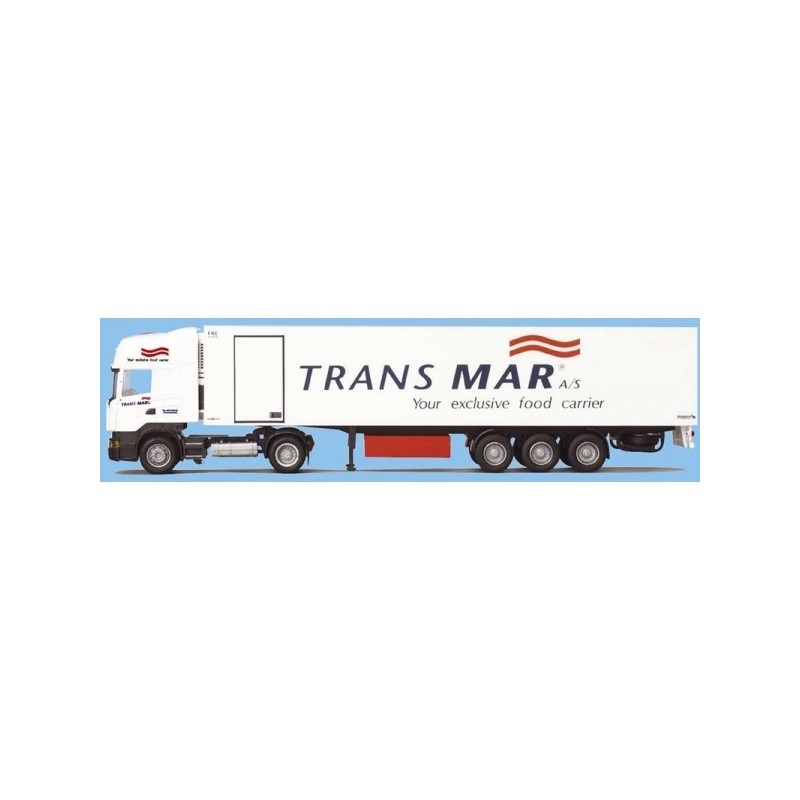 Model Scania R, skala 1:87, AWM. Biały ciągnik siodłowy z naczepą, logo Trans Mar.
