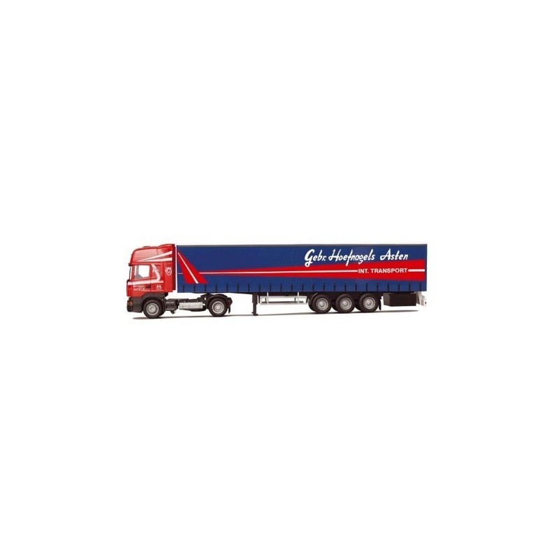 Model Scania "R" Topl./Aerop. 1:87, G-KSZ. Czerwono-niebieska ciężarówka z naczepą, logo "Gebr. Hoefnagels Asten".