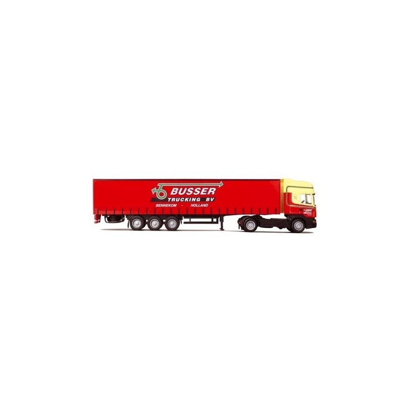 Model Scania R Topl./Aerop. - G-KSZ, AWM, 1:87, czerwony, naczepa z logo Busser Trucking BV.
