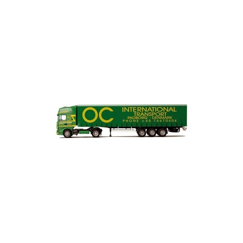 Model Scania "4" R Topl. / Aerop. - G-KSZ, skala 1:87, AWM. Zielony ciągnik siodłowy z naczepą, logo OC International Transport.