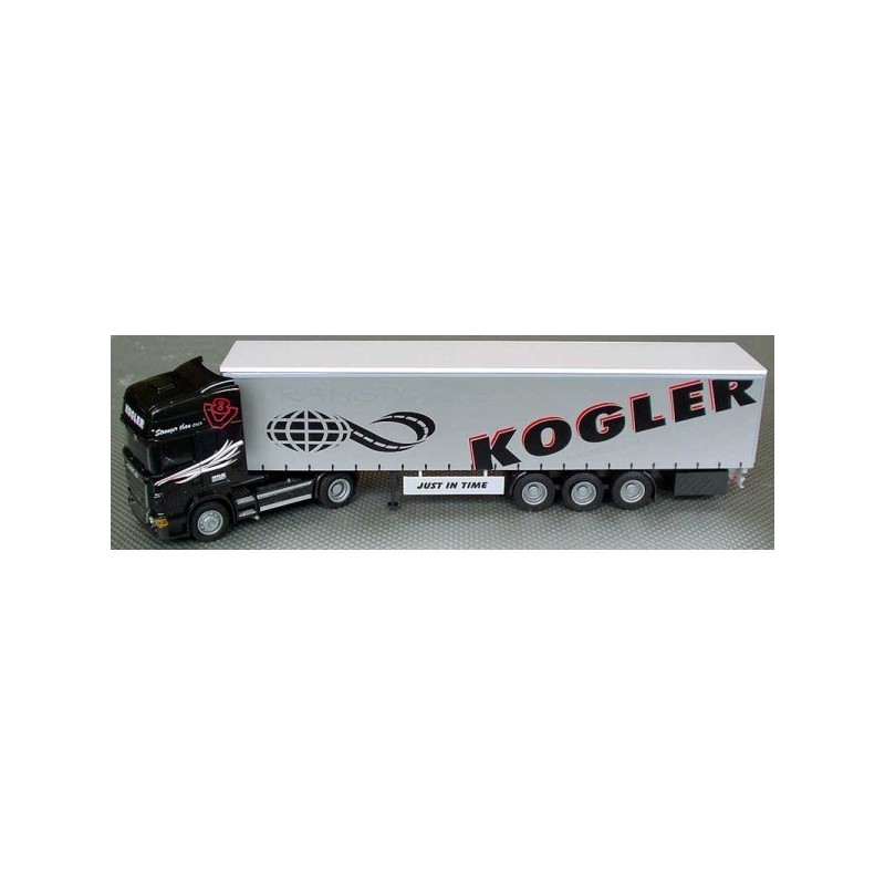 Model Scania R, skala 1:87, AWM. Czarny ciągnik siodłowy z białą naczepą Kogler.