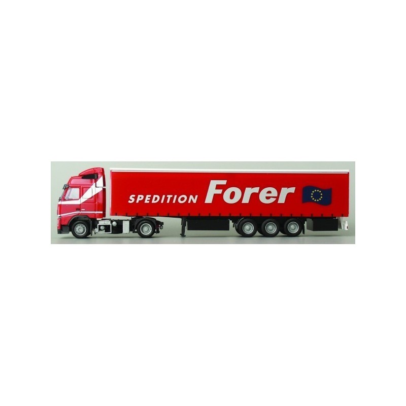 Model redukcyjny Volvo, skala 1:87, AWM. Czerwona ciężarówka z naczepą, logo "Spedition Forer".