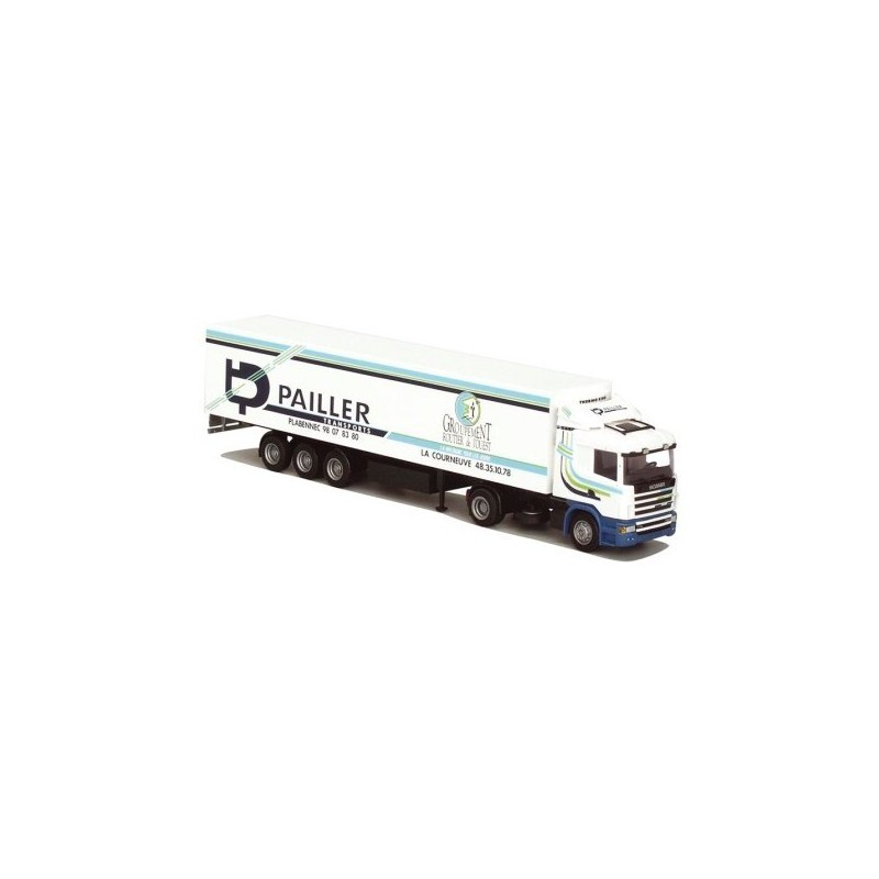Model Scania "4" R / Aerop. - Kühl-KSZ, skala 1:87, AWM. Biała chłodnia z logotypem Pailler.