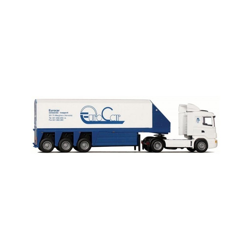 Model Scania "4" R, skala 1:87, AWM. Biała i niebieska naczepa z logotypem EuroCar.