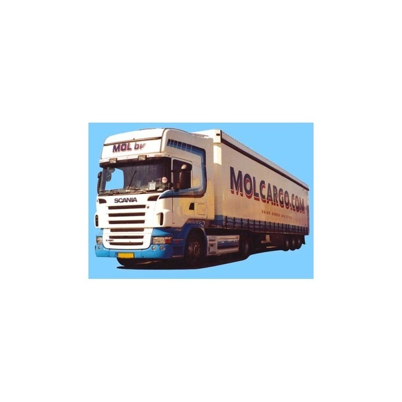 Model redukcyjny Scania "R" Topl. / Aerop. - G-KSZ (AWM53060), skala 1:200, producent nieokreślony. Biały i niebieski samochód c