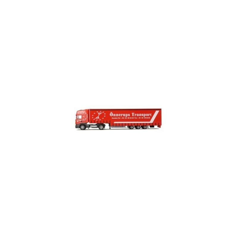 Model Scania "4" R, skala 1:87, AWM. Czerwony ciągnik siodłowy z naczepą, logo Onnerups Transport.