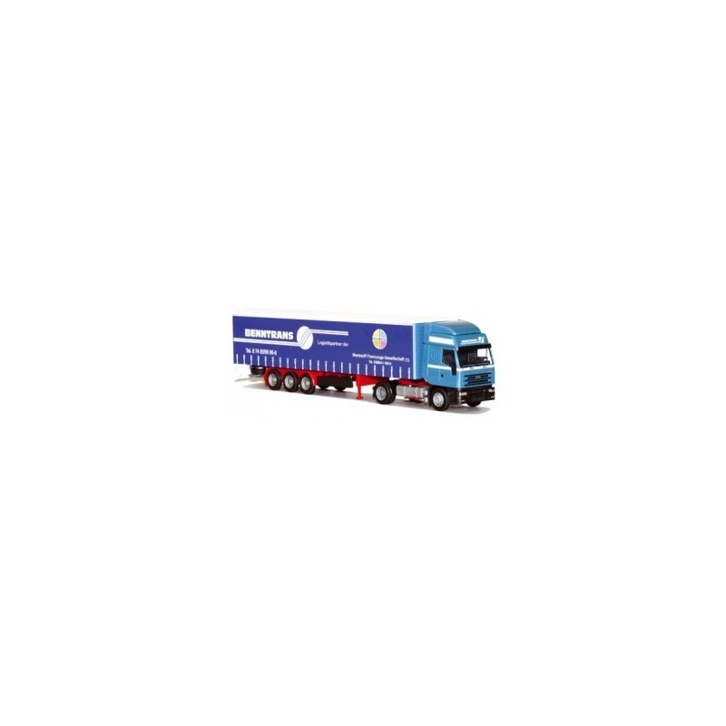 Model Iveco Eurostar, skala 1:87, AWM. Niebieska ciężarówka z naczepą, logo "Benntrans".