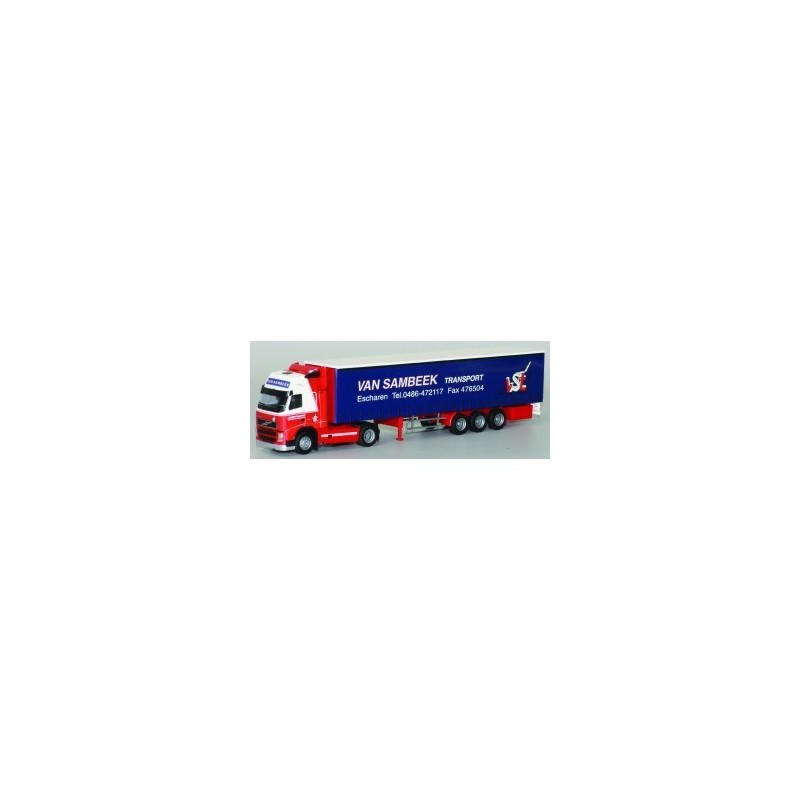 Model redukcyjny Volvo "NEU" XL, skala 1:87, G-KSZ. Czerwony i biały ciągnik siodłowy z niebieską naczepą, logo Van Sambeek Tran