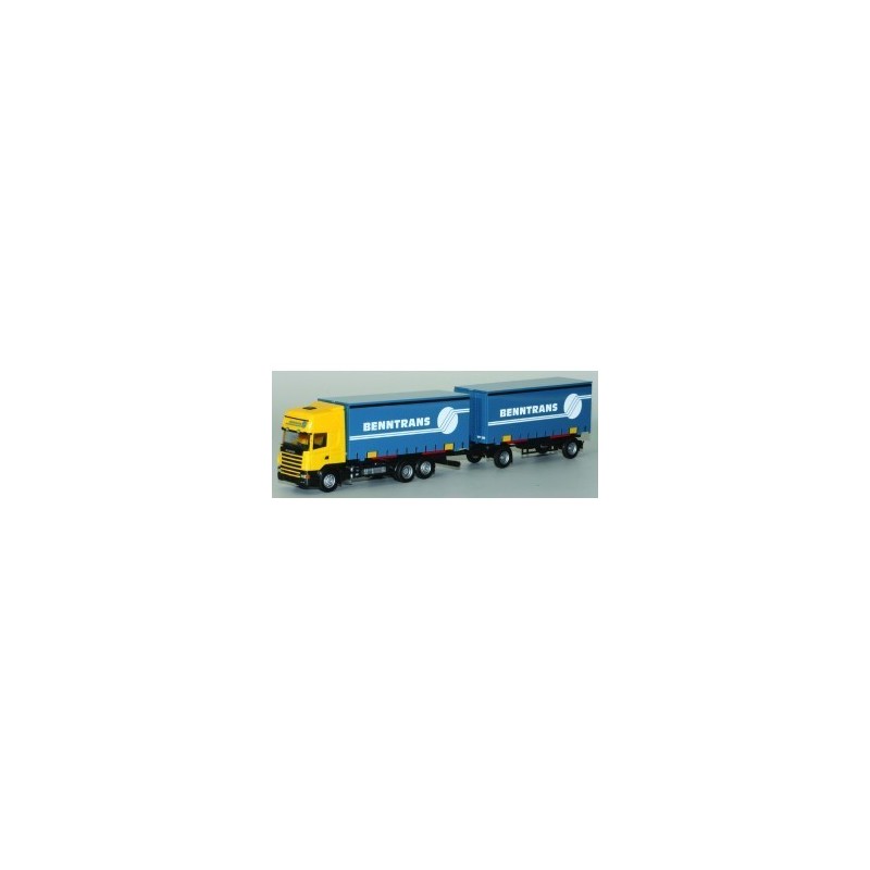 Model Scania "4" Topl. - G-WKHZ, skala 1:87, AWM. Żółto - niebieski, naczepa z logotypem Benntrans.