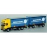 Model Scania "4" Topl. - G-WKHZ, skala 1:87, AWM. Żółto - niebieski, naczepa z logotypem Benntrans.