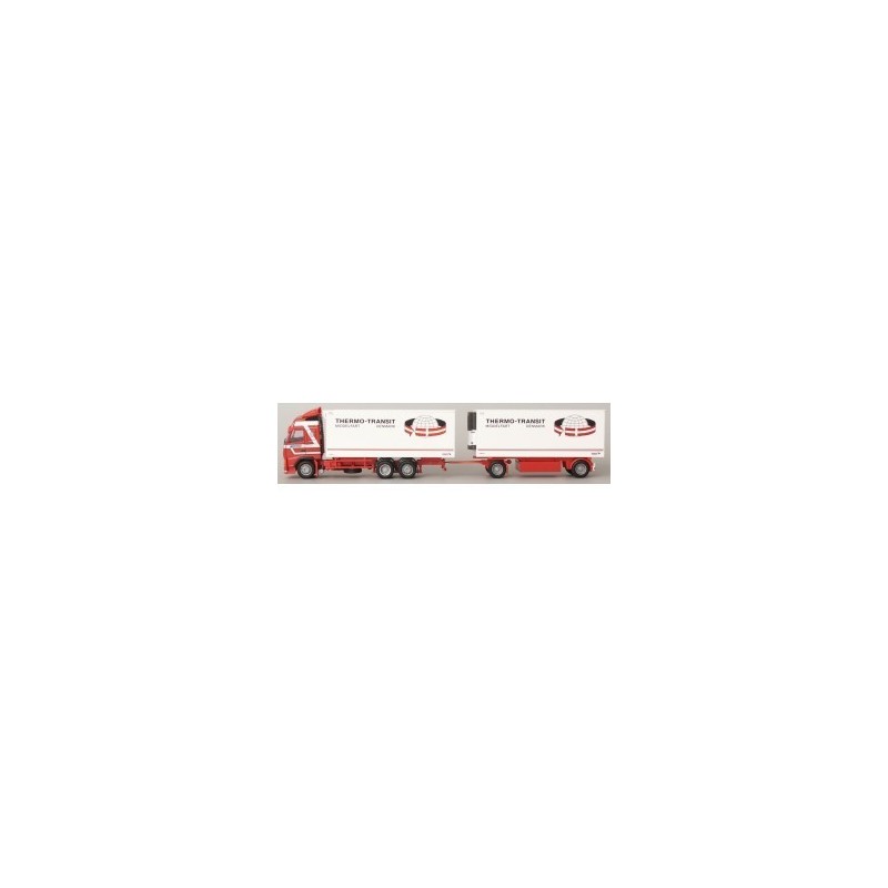 Model Volvo "NEU" Glob. XL - Kühl-KHZ, skala 1:87, AWM. Czerwony ciągnik siodłowy z białą naczepą chłodnią, logo Thermo-Transit.