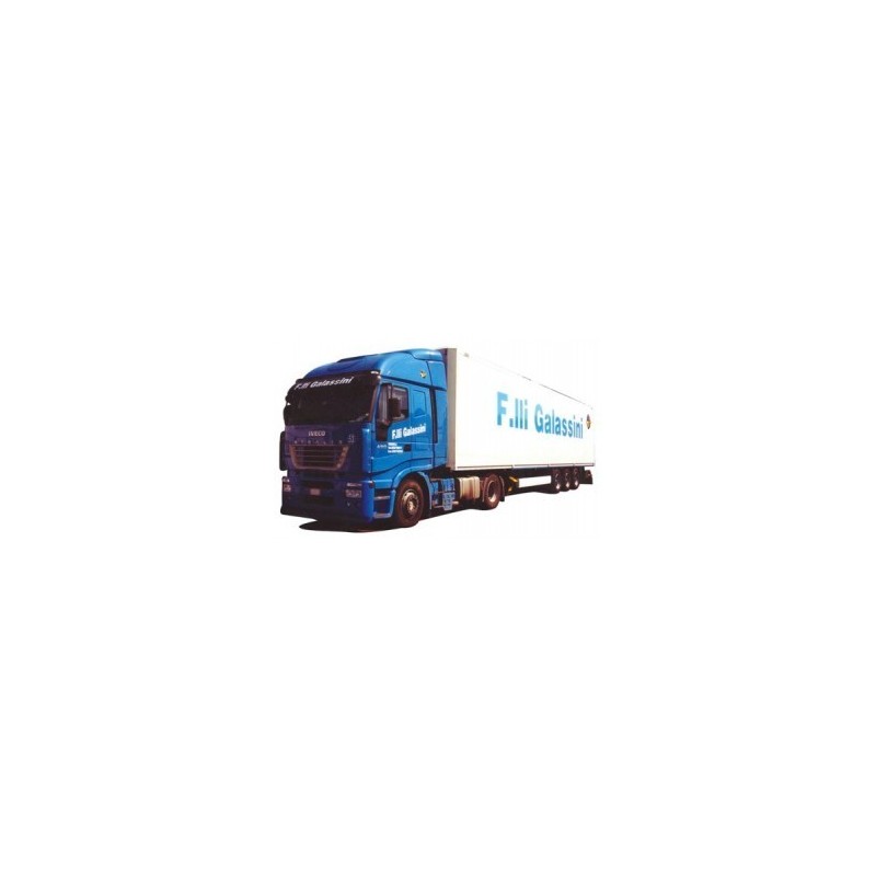 Model Iveco Stralis Kühl-KSZ, skala 1:87, AWM. Niebieski ciągnik siodłowy z białą naczepą chłodnią, logo F.lli Galassini.