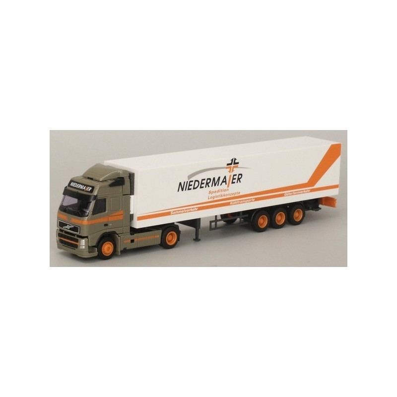 Model redukcyjny Volvo "NEU" / Aerop. - Kühl-KSZ, skala 1:87. Ciemnozielony ciągnik siodłowy z białą naczepą chłodnią, logo Nied