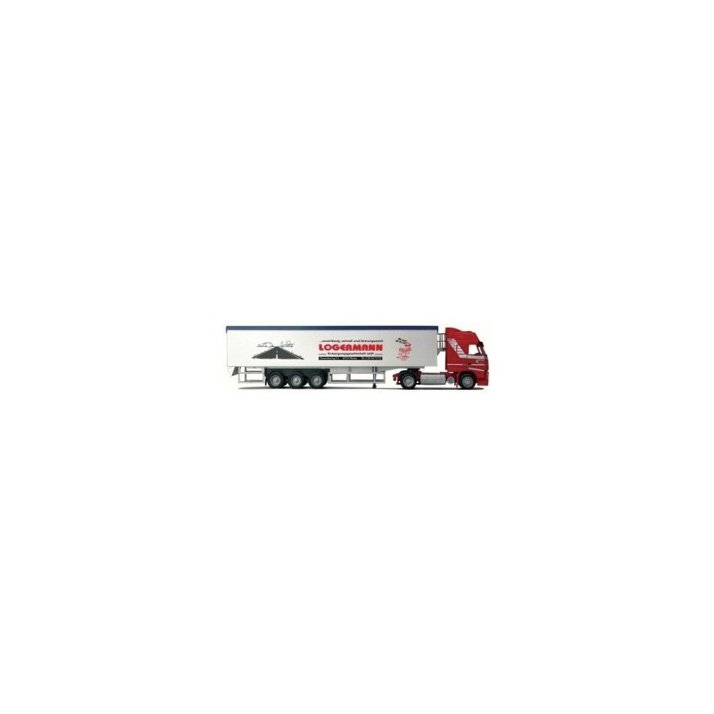 Model redukcyjny Volvo "NEU" Glob. XL / Aerop. - Schubboden-SZ, skala 1:87, AWM. Czerwony ciągnik siodłowy z białą naczepą, logo