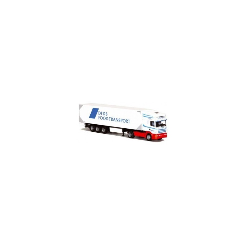 Model Scania "4" Topl. / Aerop. - Kühl-KSZ, skala 1:87, AWM. Biała chłodnia z czerwonym przodem i logo DFDS Food Transport.