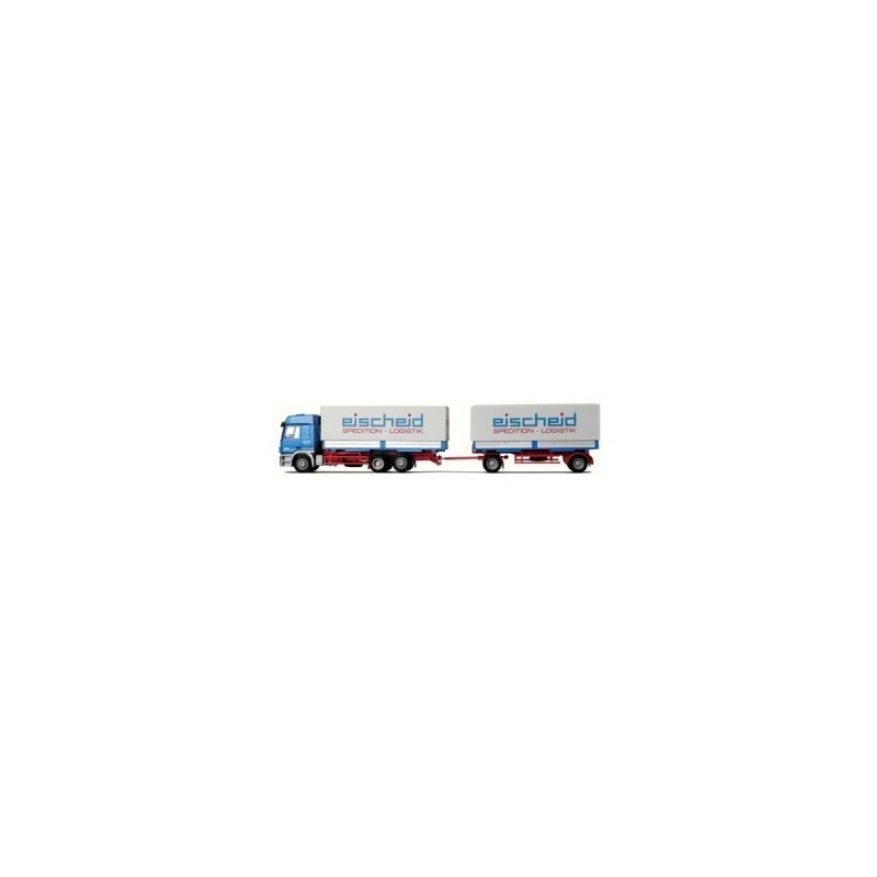 Model redukcyjny Mercedes-Benz Actros MP2 L, skala 1:87, AWM. Niebieski ciągnik siodłowy z dwoma białymi naczepami, logo "eische