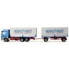 Model redukcyjny Mercedes-Benz Actros MP2 L, skala 1:87, AWM. Niebieski ciągnik siodłowy z dwoma białymi naczepami, logo "eische