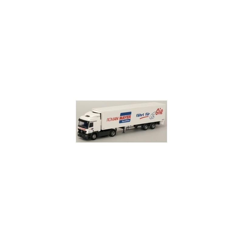 Model redukcyjny Mercedes-Benz Actros, skala 1:87, AWM. Biały samochód ciężarowy z naczepą, logo "Roman Mayer".