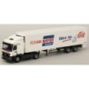Model redukcyjny Mercedes-Benz Actros, skala 1:87, AWM. Biały samochód ciężarowy z naczepą, logo "Roman Mayer".