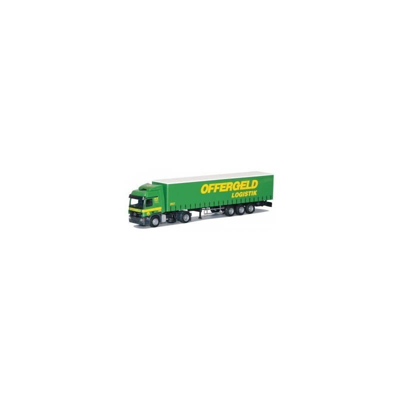 Model redukcyjny Mercedes-Benz Actros MP2 L / Aerop. - G-KSZ, skala 1:87, AWM, zielony z logotypem Offergeld Logistik.