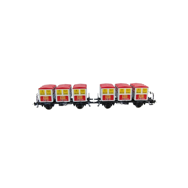 Zestaw 2 wagonów towarowych ROCO 46997, skala 1:87, czerwone kontenery z logotypem firmy.
