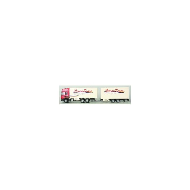 Model Scania "4" R Topl. w skali 1:72, AWM71872, czerwony ciągnik siodłowy z naczepą chłodnią.