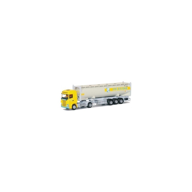 Model Scania High, skala 1:87, AWM. Żółty ciągnik siodłowy z białą cysterną, logo Dehuche.