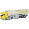 Model Scania High, skala 1:87, AWM. Żółty ciągnik siodłowy z białą cysterną, logo Dehuche.
