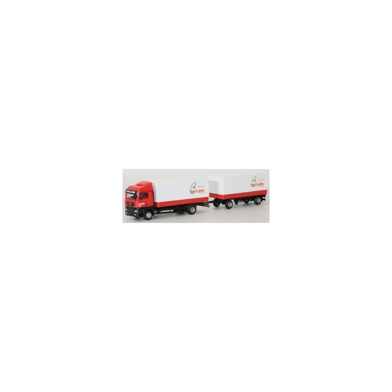 MAN TG-A XLX - PrHZ, skala 1:87, AWM. Czerwony ciągnik siodłowy z białą naczepą, logo "LKW CLEAN".
