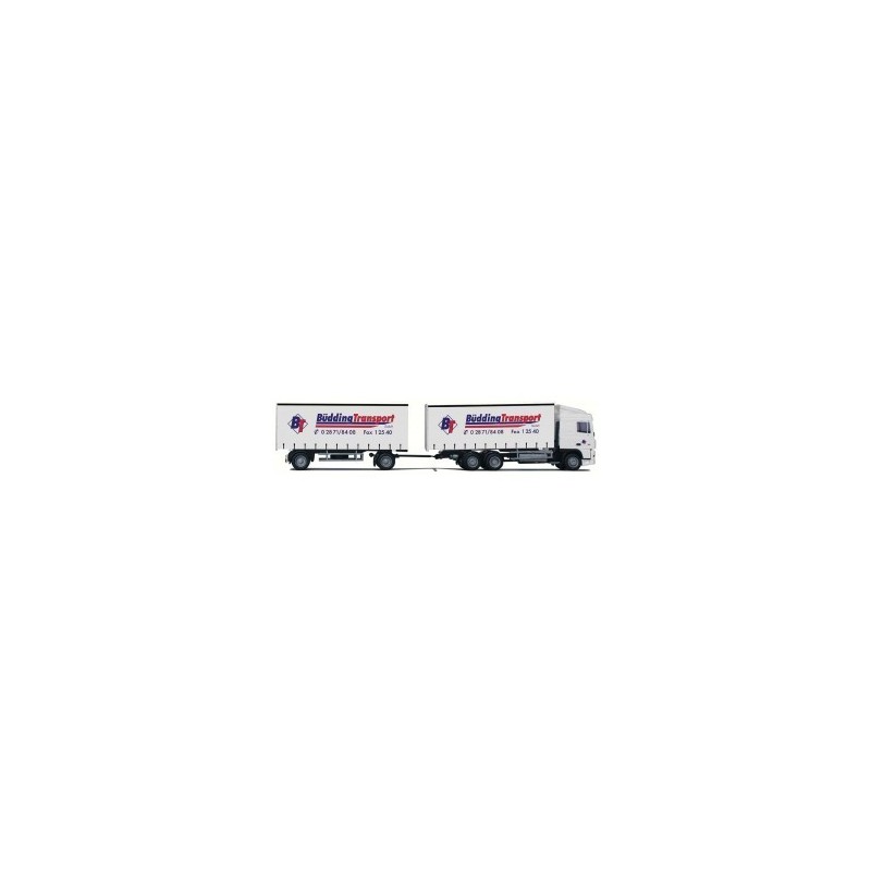 Model DAF XF 95 SC - G-KHZ, skala 1:87, Herpa. Biała ciężarówka z naczepą, logo Bidding Transport.