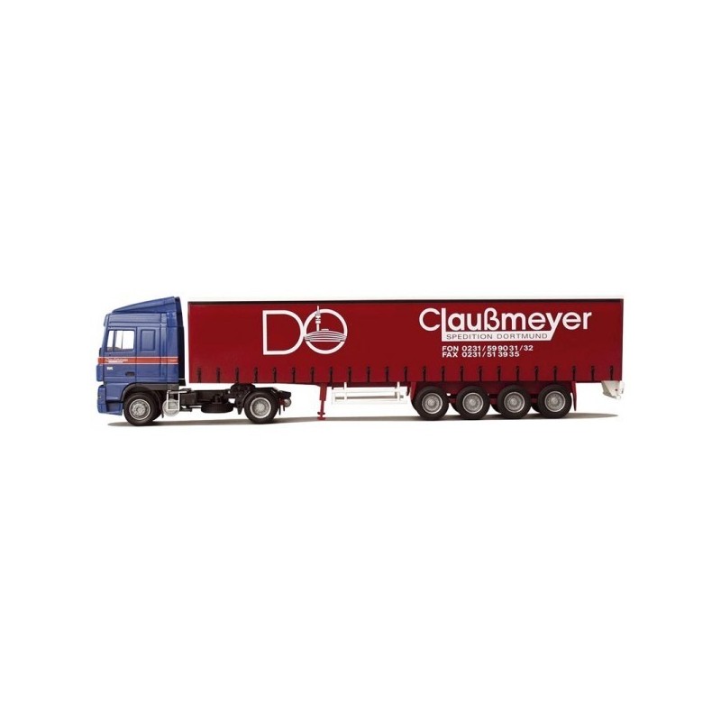 Model DAF XF 95, skala 1:87, AWM. Czerwona naczepa z logotypem Claußmeyer.