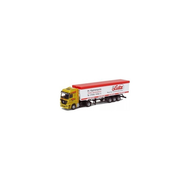 Model redukcyjny MB Actros MP2, skala 1:87, AWM. Żółty ciągnik siodłowy z białą i czerwoną naczepą, malowanie Lutz.