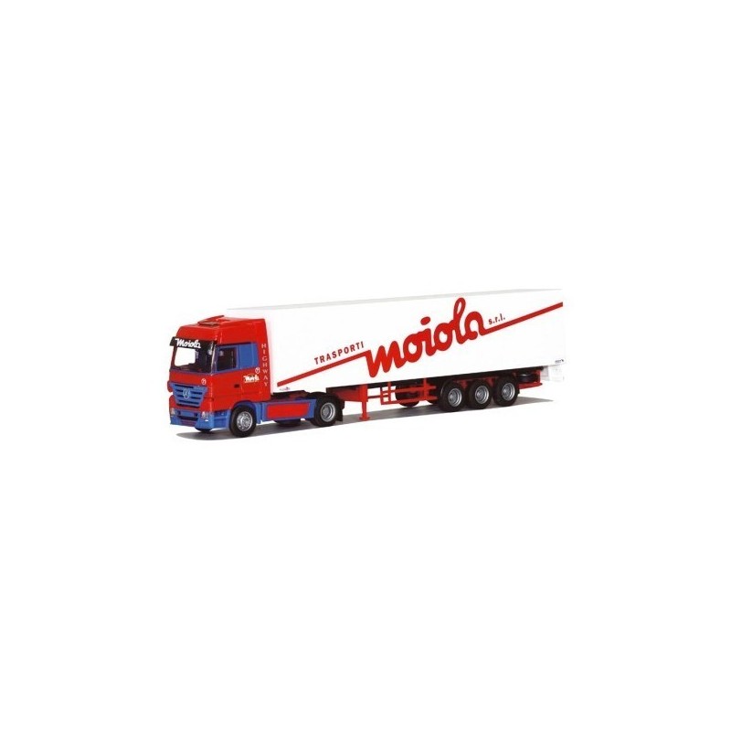 Model redukcyjny Mercedes-Benz Actros, skala 1:87, AWM. Czerwono-biały, z naczepą firmy Moiola.