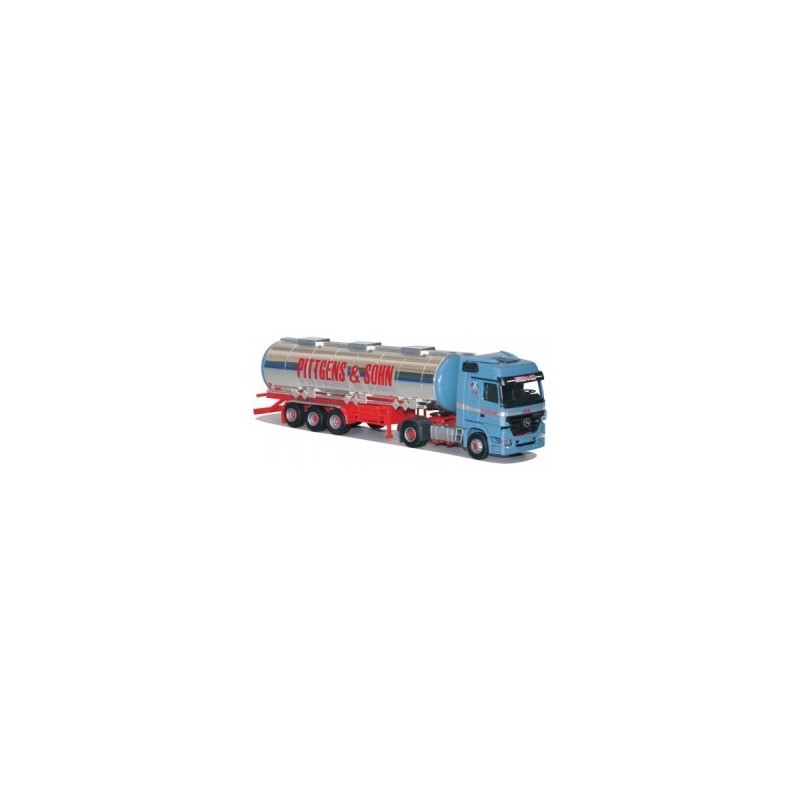 Model redukcyjny MB Actros, skala 1:87, AWM. Niebieska kabina, srebrny zbiornik z napisem "Pittgens & Sohn".