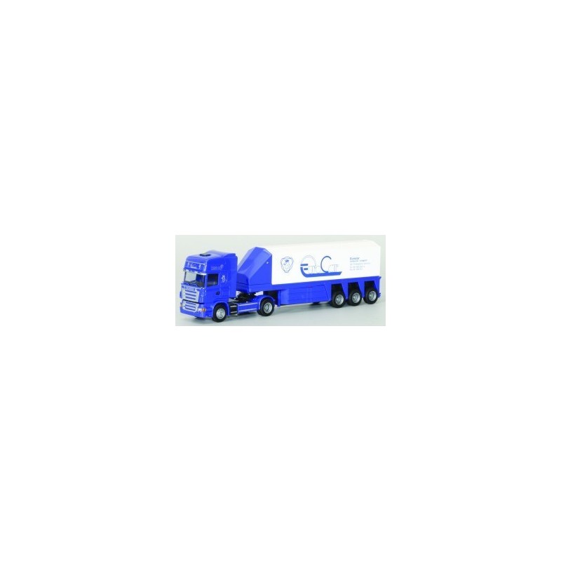 Model Scania R, skala 1:87, AWM. Niebieski samochód ciężarowy z białą naczepą, logo EQC.