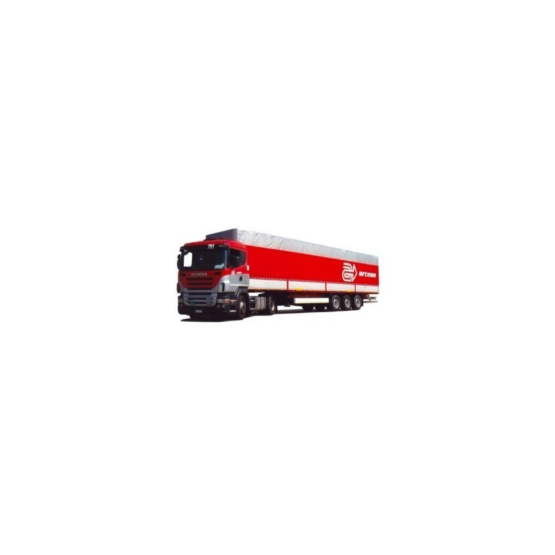 Model redukcyjny Scania R, skala nieokreślona, AWM. Czerwony ciągnik siodłowy z naczepą.