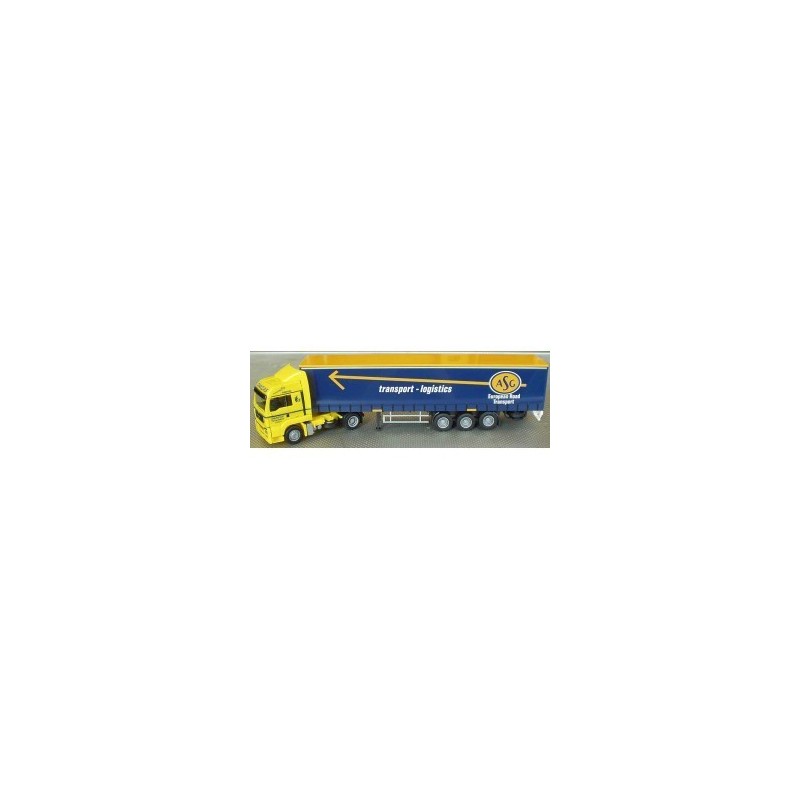 Model redukcyjny MAN TG-A LX, skala 1:87, AWM. Żółto-niebieska ciężarówka z naczepą, logo "ASC" i napisem "transport - logistics