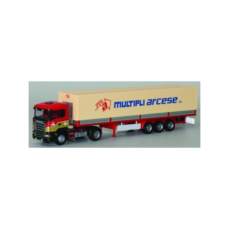 Model Scania "R", skala 1:87, AWM. Czerwono-żółty ciągnik siodłowy z naczepą, logo "Multipli arcese".