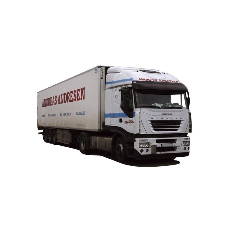 Model redukcyjny Iveco Stralis, skala 1:87, AWM. Biały ciągnik siodłowy z naczepą chłodnią, logo "Andreas Andresen".