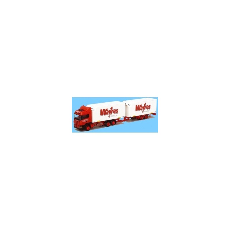 Model redukcyjny Scania WKTaHZ, skala 1:87, AWM. Czerwony ciągnik z białymi naczepami, logo "Wayres".