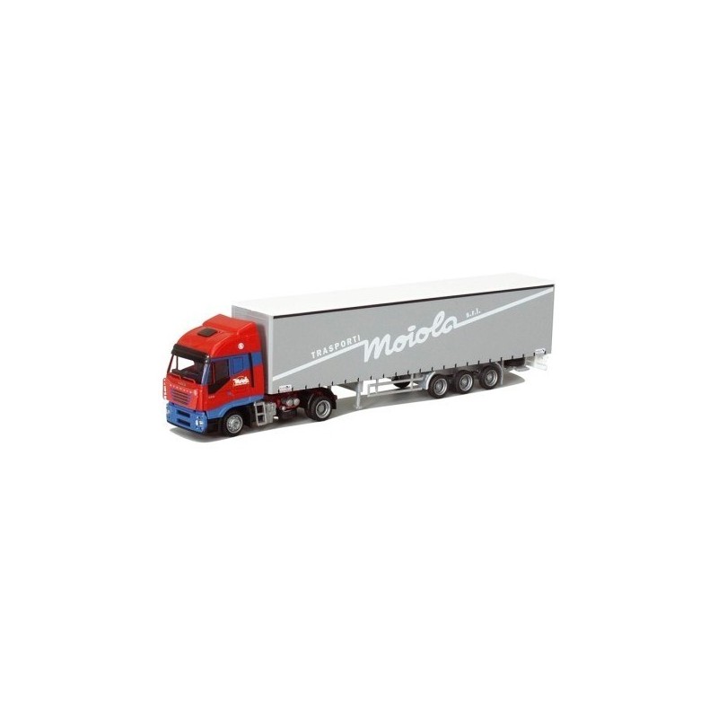 Model Iveco Stralis, skala 1:87, AWM. Czerwono-niebieska kabina, szary kontener z napisem "Trasporti Moiola".