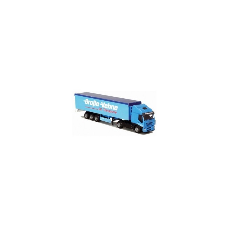 Model Iveco Stralis/Aerop. - Schubboden-SZ, skala 1:87, AWM. Niebieska ciężarówka z naczepą, logo "Große Vehne".