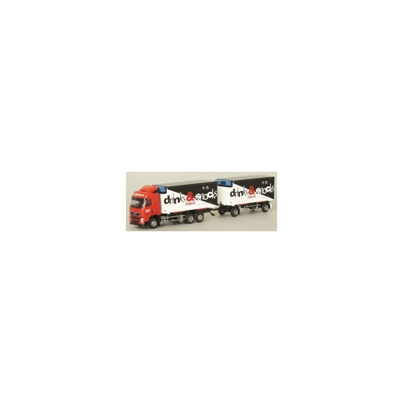 Model redukcyjny Volvo "NEU" Glob. - WKHZ, skala 1:87, AWM. Czerwony ciągnik siodłowy z białymi i czarnymi naczepami, logo "drin