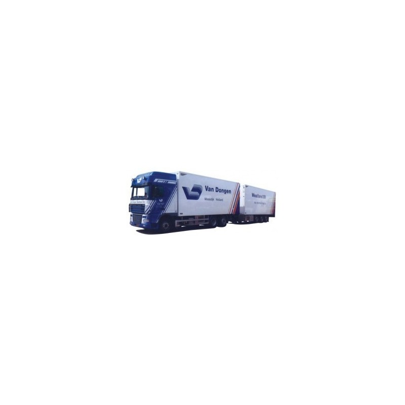 Model DAF XF 95 SSC Tridem-HZ, skala 1:87, AWM73953. Biały kontener z logotypem Van Dongen i naczepą.