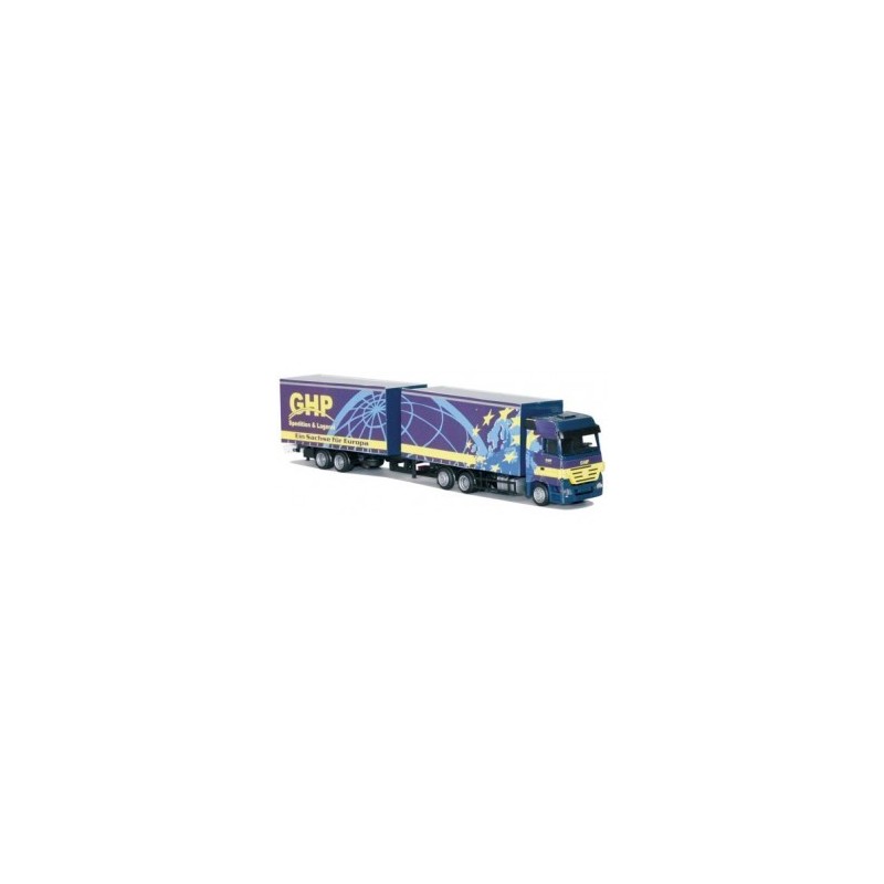 Model redukcyjny MB Actros MP2, skala 1:87, AWM. Czerwono-żółto-fioletowa ciężarówka z naczepą, logo GHP.