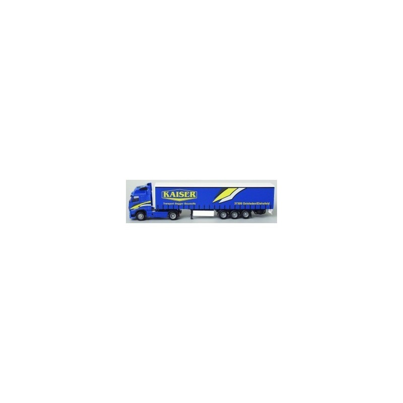 Model redukcyjny Volvo FH Globetrotter XL/Aerop, skala 1:87, AWM. Niebieska ciężarówka z naczepą, logo Kaiser.