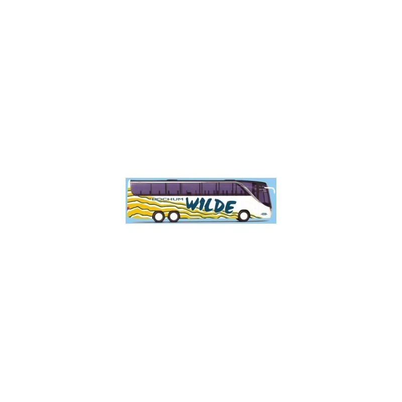 Model autobusu Setra S 416 HDH, skala 1:87, AWM73355, biały z żółtymi falami i napisem "WILDE".