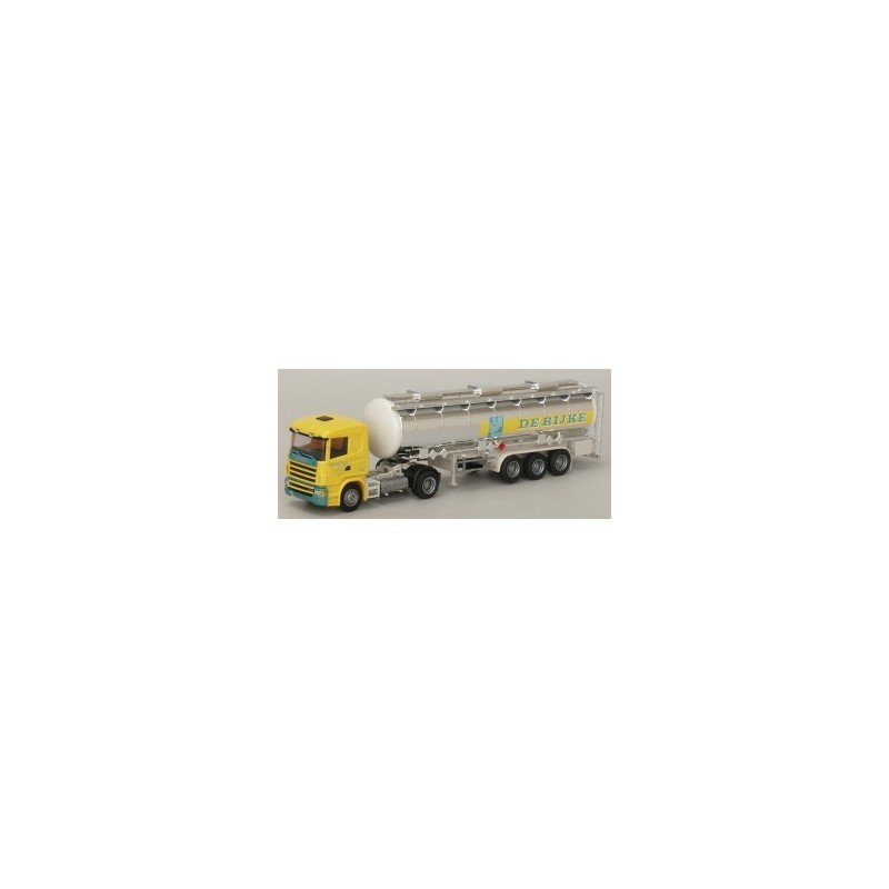 Model Scania "4" - (H)TSZ AWM71889, skala 1:87. Żółto-zielony ciągnik siodłowy z białą cysterną.